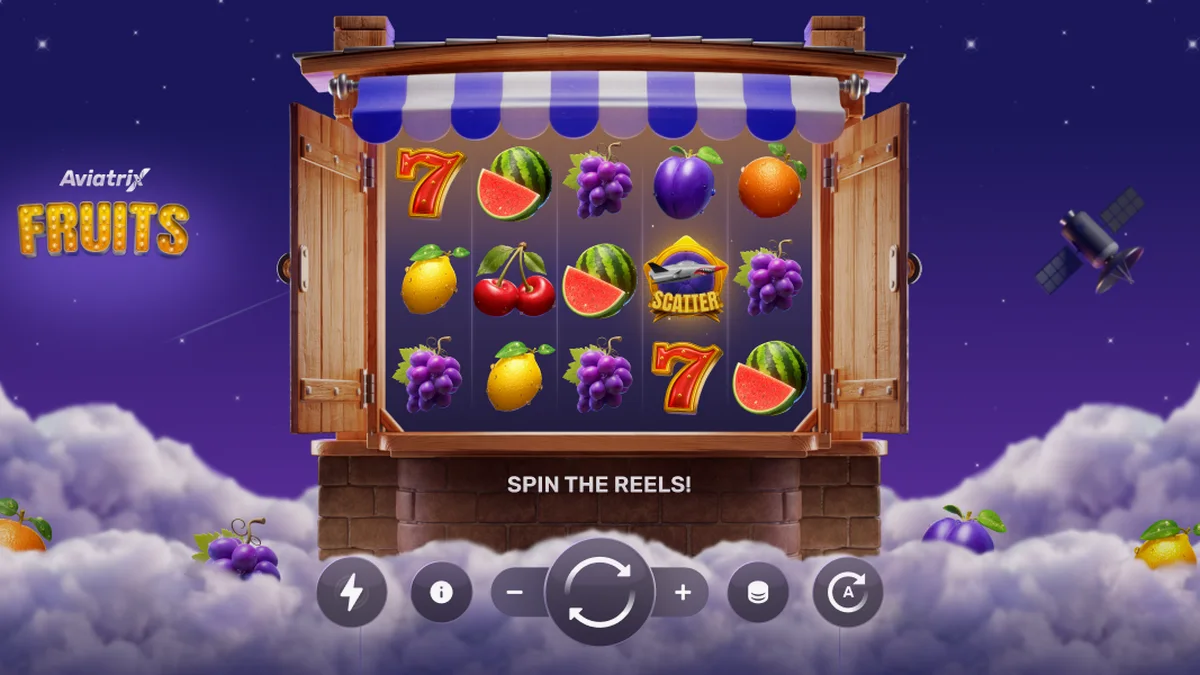 Interface do jogo Aviatrix Fruits exibindo símbolos clássicos e elementos do metaverso