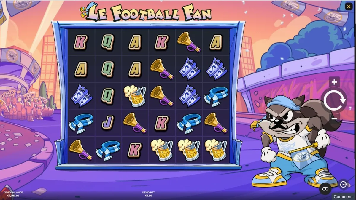 Guaxinim mascote celebrando em um estádio de futebol no slot Le Football Fan