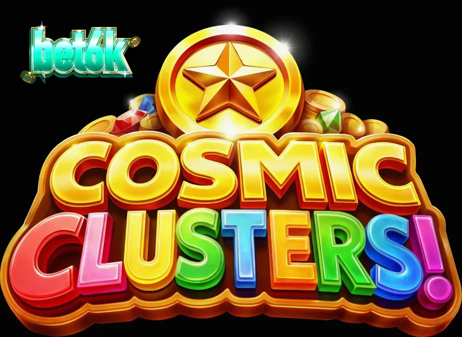 Interface colorida e neon do slot Cosmic Clusters com símbolos de alienígenas e pedras preciosas.